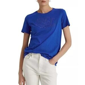 Lauren Ralph Lauren Royal Blue Cotton Eyelet Embroidered Logo T-Shirt XS NWOT